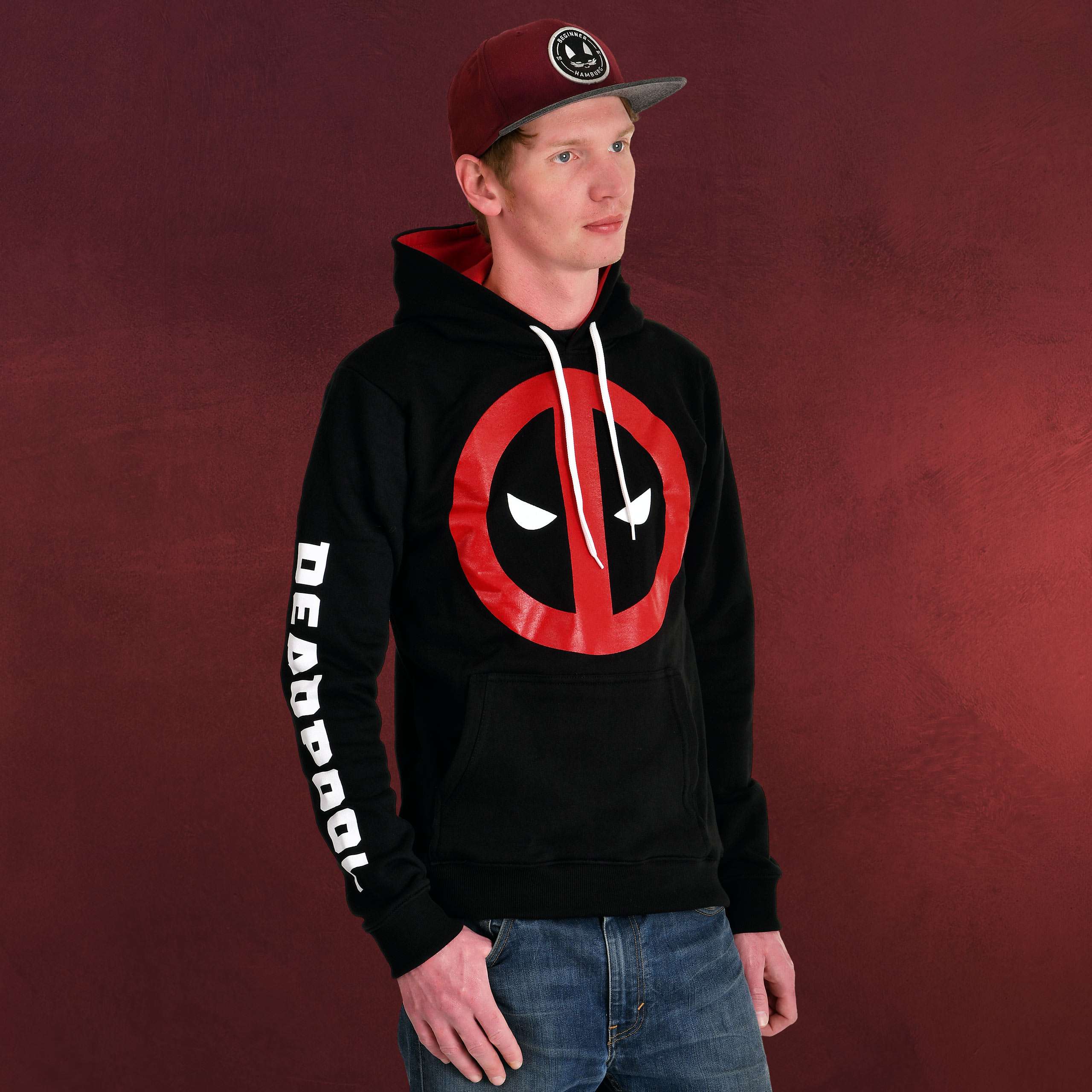 Deadpool Eyes Logo Hoodie schwarz | Elbenwald Marvel Elbenwald Hoodie Logo Frontprint mit Kapuze für