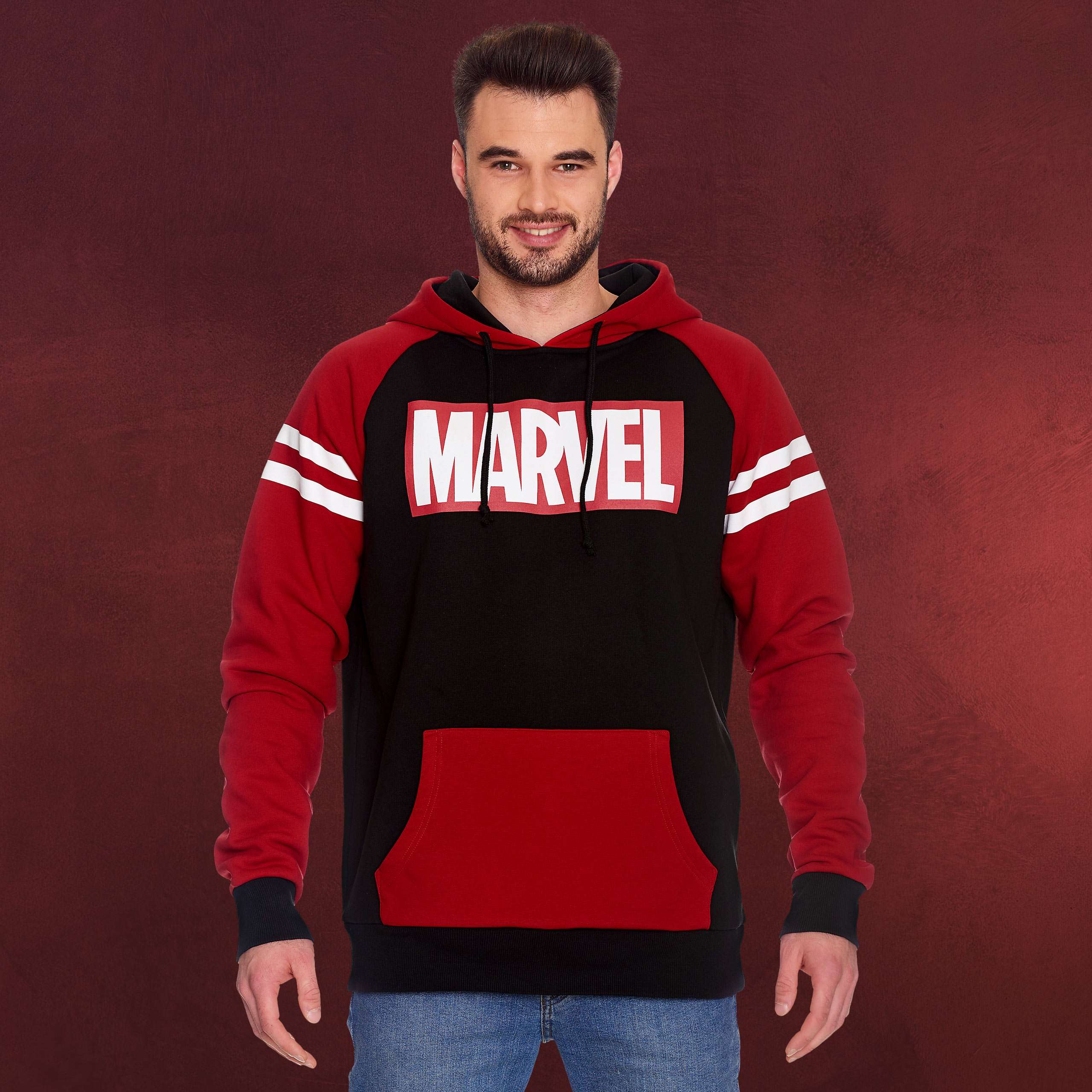 Marvel Logo Hoodie rot schwarz | Elbenwald Marvel Elbenwald Hoodie Logo Frontprint mit Kapuze für