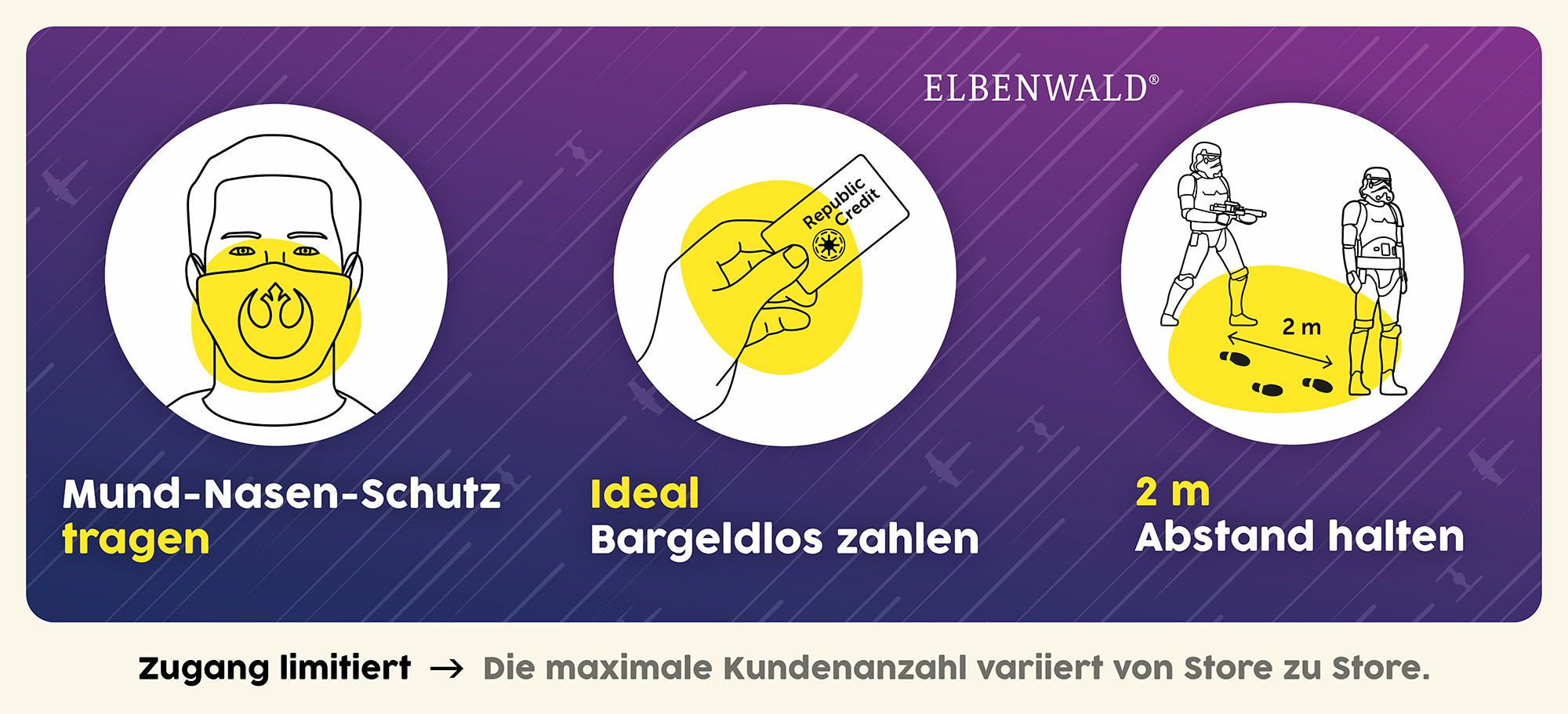 Mund-Nasen-Schutz tragen, möglichst bargeldlos bezahlen, 2 m Abstand halten