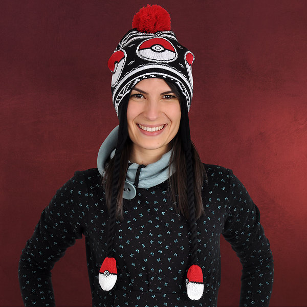 Pokemon - Pokeball Mütze mit Bommel schwarz
